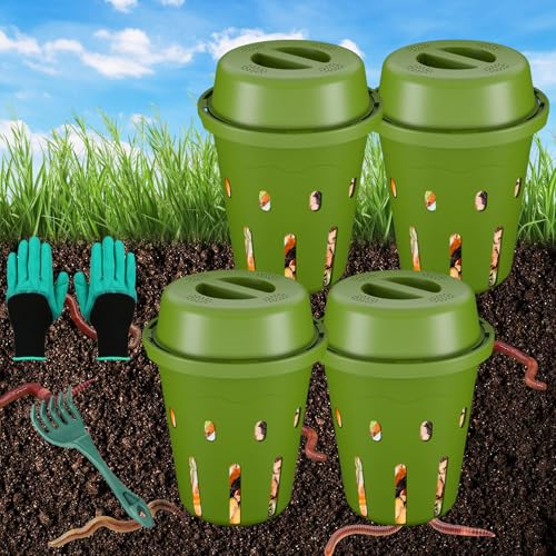 TOP XIAN Inground Worm Composter, Mini Underground Worm Farm for Garden Beds, Outdoor Worm Compost Bin for Food Waste, Vermicomposting Bin for Beginners, Elderly, Children (7x7x7.4Inch), Green, 4-Pack