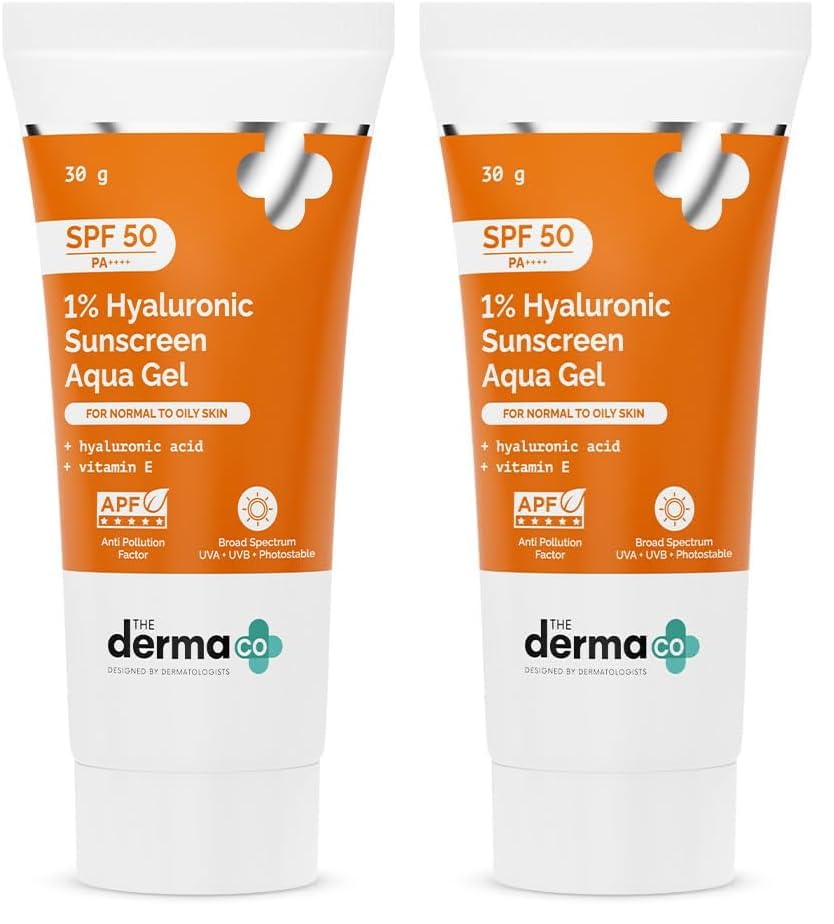 Image of The Derma Co 1% Hyaluronic Sunscreen SPF 50 Aqua Gel, PA++++, Lightweight, No white-cast for Broad Spectrum & Blue Light Protection for Oily, Dry, Acne-prone Skin - 30g (Pack of 2)
