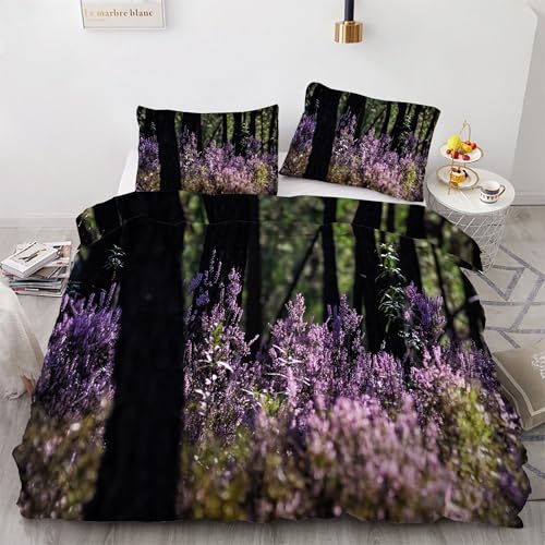 Housse de couette 200x200 fleurs lavande avec 2 taies d'oreiller