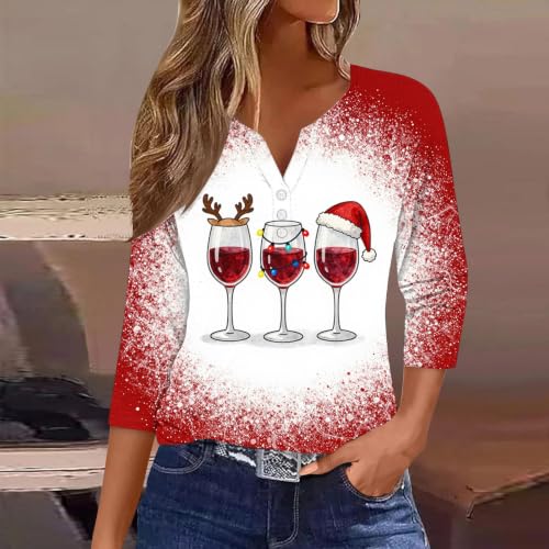 Women Christmas T-Shirts Henley V Neck Tops Loose Casual Blouse - image 2