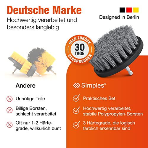 SIMPLES Bürstenaufsatz Akkuschrauber [8er Set] - 3 Härtegrade: Weich, Mittel, Hart - universell einsetzbar| Bürstenaufsatz Bohrmaschine -Felgenbürste Akkuschrauber – Bürste Akkuschrauber – Drill Brush