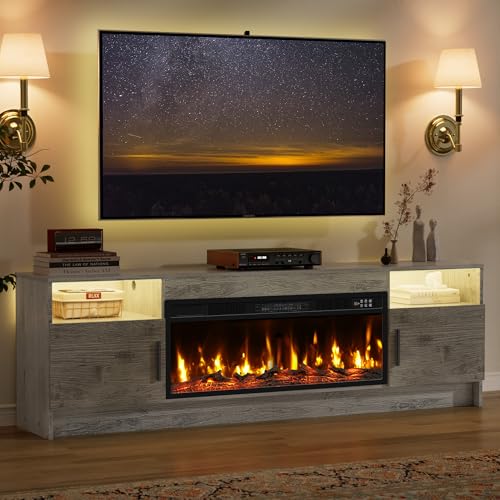 Ludatido 70 Inch Fireplace TV Stand for Living Room with 36" Electric Fireplace, Entertainment Center with Fireplace for TVs Up to 80", Media TV Console with 20 Color LED Storage Cabinets, G