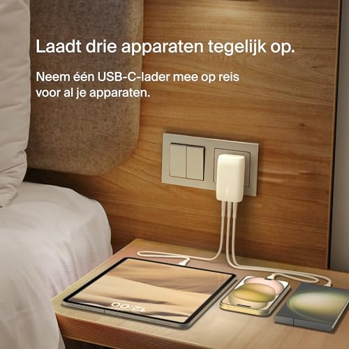 Belkin BoostCharge 3-poorts USB-C-wandlader met PPS (67 W), USB-C PD 3.1, oplader telefoon, usb charger, snellader voor iPhone 16-serie, MacBook Pro, AirPods, Galaxy, en andere PD-apparaten - Wit - Afbeelding 3