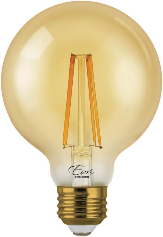Euri Lighting VG25-3020ea, Dimmable LED G25 Globe Filament, 7W (75W Equal), Warm White (2200K), 600lm, 80CRI, 320° Beam, Amber, E26, 120V, Wet Rated UL Energy Star, 3YR, 15K HR WTY, Once Count