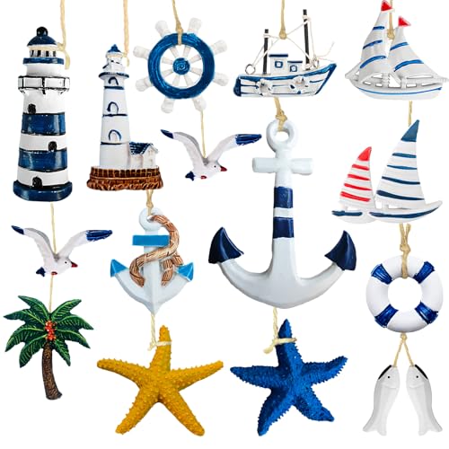 Ftrule 15 Pcs Maritime Anhänger Nautische Deko, Maritimes Dekorationsset, Maritime Anhänger, Dekoanhänger Set, Seestern Boot Fisch Kokospalme, für...