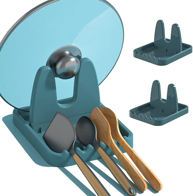 STARRY G 2PCS Cooking Spoon Rest with Lid Holder, Kitchen Utensils Rest with Drip Pad, Heat-Resistant Pot Lid Holder Stand, Countertop Organiser Rack for Cooking Tools, Flatware Tray Shelf - Blue