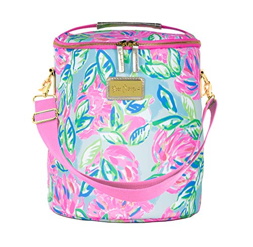 Lilly Pulitzer Pink Blue Green Insulated Soft Beach Cooler with Adjustable Removable Strap and Double Zipper Close, Totally Blossom