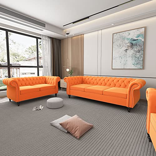 Image of ORRD 2 Piece Living Room Set, Velvet Chesterfield Sofa Loveseat Couch with Scroll Arms and Nailhead for Living Room, Office (Orange)