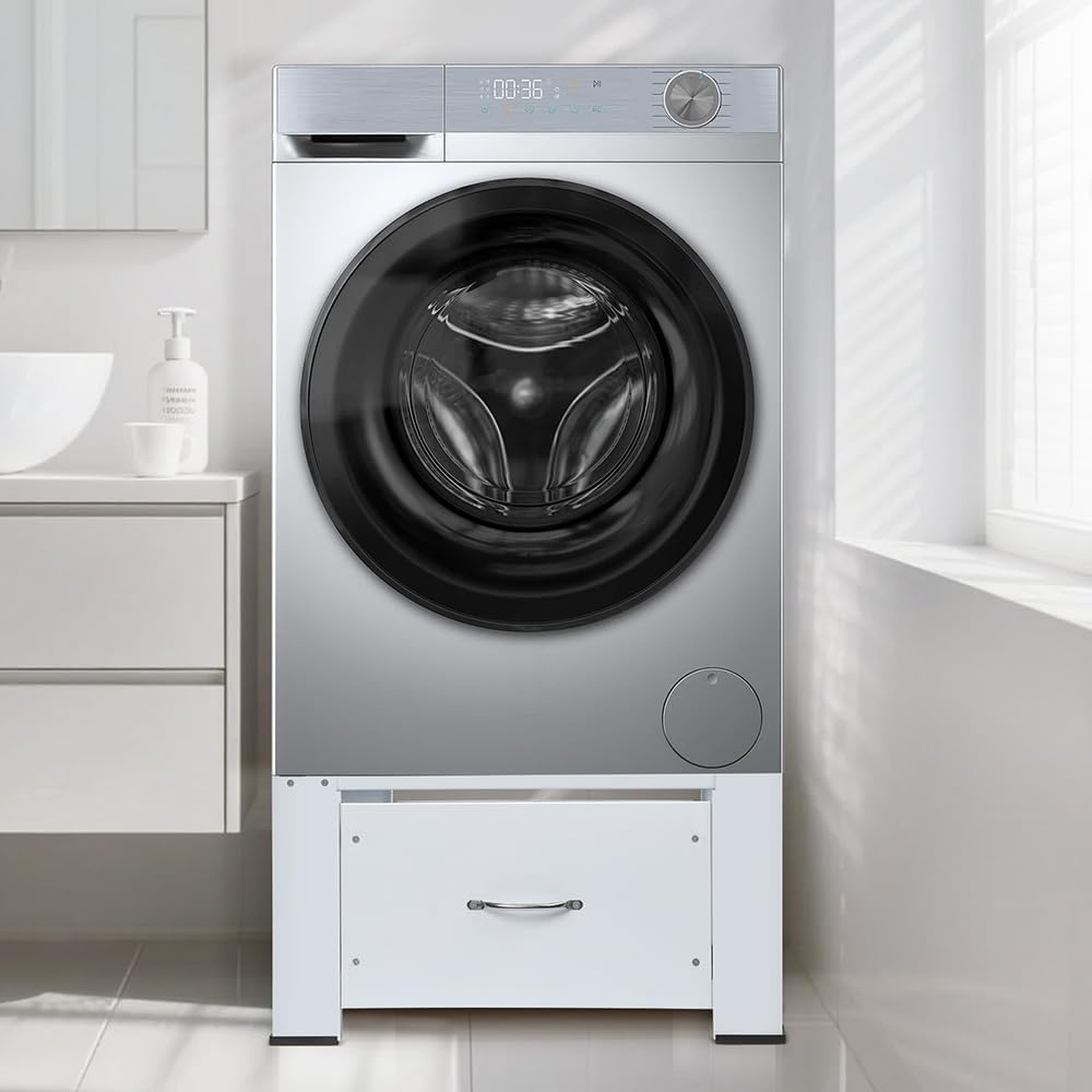 Base per lavatrice con cassetto, max. 150 kg, base per lavatrice in acciaio, con cuscinetti antiscivolo, telaio per asciugatrice, frigorifero, bianco, 64 x 54,5 x 32 cm (LXBXH)