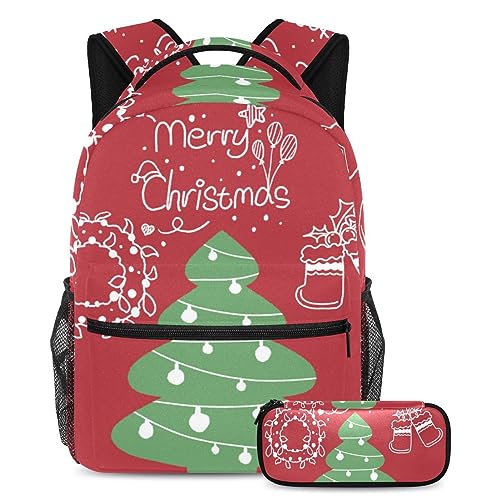 Sac à dos motif sapin de Noël avec trousse assortie pour écoliers et adolescents