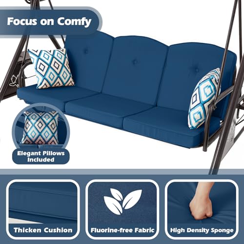 ZZW 800LBS Patio Swing with Canopy 3 Seat Outdoor Porch Swing with Stand w/Cup Holder & Pillow Glider Chair Swing Bed for Patio Backyard Poolside (Blue) - Thumbnail 4
