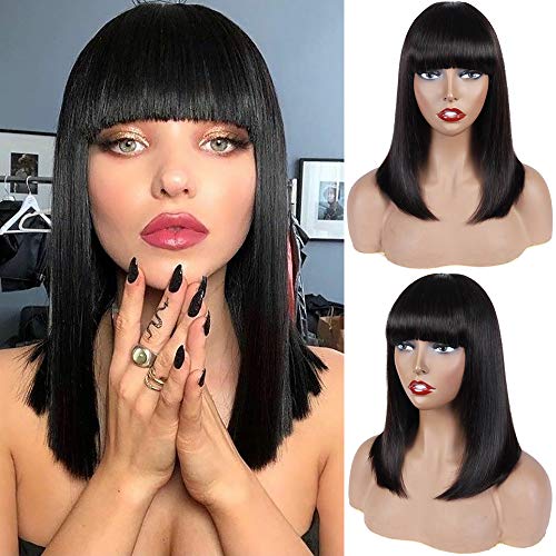 Freyja Hair Bob Wig With Bangs Synthetic Full Wigs Black Short Straight Hair Natural Looking Heat Resistant Fiber Wigs for Women (14Inch, bob wig)