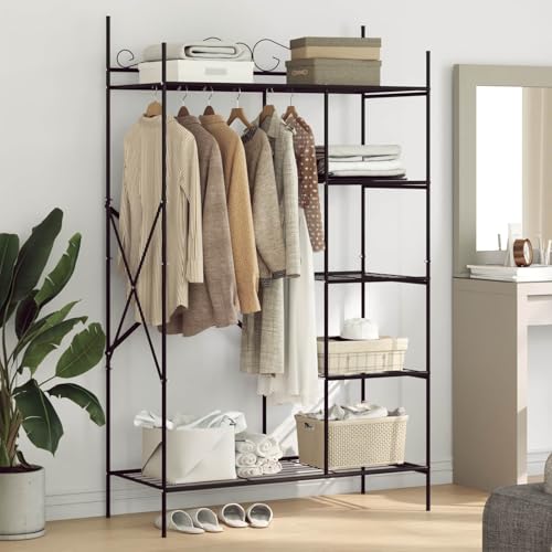 Teenpull Armario abierto negro de acero con 5 estantes de alambre, 104,5 x 45 x 172 cm, espacio de almacenamiento para dormitorio, armario con barra para colgar ropa, moderno y ahorra espacio