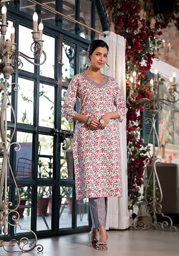 Image of MIRCHI FASHION Pure Cotton Women Straight Jaipuri Floral Print Kurti Set with Dupatta and Pant