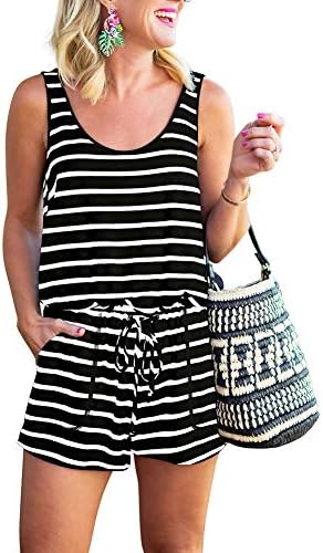 REORIA Womens Casual Summer One Piece Sleeveless Tank Top Striped Playsuits Yoga Short Jumpsuit Beach Rompers Black+White Small