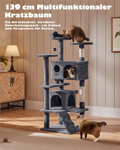 Yaheetech Kratzbaum Groß, 139 cm hoch, Mehrstöckiger Katzenbaum Kletterturm mit 3 Kratzsäulen, 3 Plattformen, 2 Gemütlichen Höhlen, 2 Plüschbällen, Stabiler Aktivitätsbereich für Katzen, Dunkelgrau – Bild 3