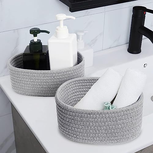 【2 Pack】Abenkle Small Woven Baskets, Tiny Oval Shallow Storage Baskets, Mini Cotton Rope Empty Decorative Basket, Boho Montessori Little Organizer Bins For Nursery Room Kids Baby Dog Toy Gifts-Grey #TOP3