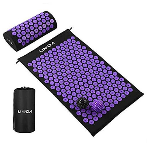 Lixada Acupressure Mat and Pillow Set with 2pcs Spiky Massage Balls for Back/Neck/Feet Pain Relief and Muscle Relaxation with Carry Bag (Black&Purple)