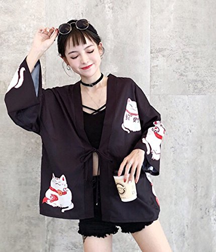 LAI MENG FIVE CATS Women's Lucky Cat Cardigan Kimono Loose Cover up Casual Blouse Cute Tops3