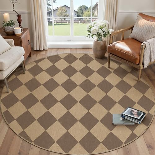Checkered Round Rugs 6ft, Outdoor Patio Easy Jute Rug Indoor Outdoor Circle Carpet, Farmhouse Nature Non Shedding Non Slip Washable Brown Carpet for Living Room Entry Deck 6' (Round) Black T