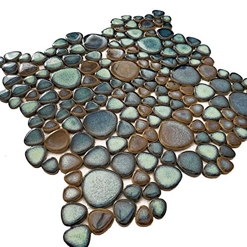 Hominter Sample Tile 3X12 Inches, Pebble Porcelain Tile Mixed Aqua And Brown, Glazed Ceramic Mosaic Heart-Shaped Pebbles, Swimming Pool Kitchen Backsplash Bath Shower Wall & Floor Tiles Czg619A #TOP2