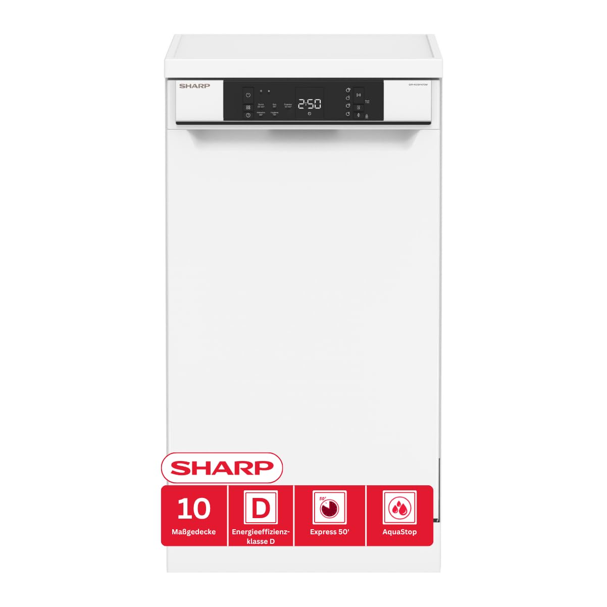 Sharp QW-NS1DF47DW-DE Geschirrspüler freistehend 45 cm 10 Maßgedecke 47 dB Hygiene 70°C Weiß