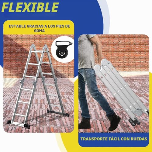 Miniatura 6 de Fiqops - Escalera Multifunción 4 X 3, 360 Cm, 7 En 1, Aluminio, Con 2 Plataformas Y 2 Ruedas De Transporte, Hasta 150 Kg