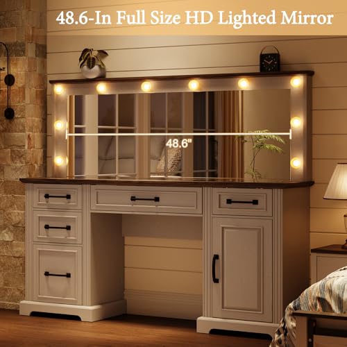 55-Farmhouse-Vanity-Desk-with-Large-Mirror-Lights-Glass-Top-Large-Makeup-Vanity-Table-with-10-Hollywood-Lights-Bulbs-Charging-Station-5-Drawers-Dressing-Table-for-Bedroom-Rustic-White 55 Farmhouse Vanity Desk with Large Mirror Lights Glass Top Large Makeup Vanity Table with 10 Hollywood Lights Bulbs Charging Station 5 Drawers Dressing Table for Bedroom Rustic White