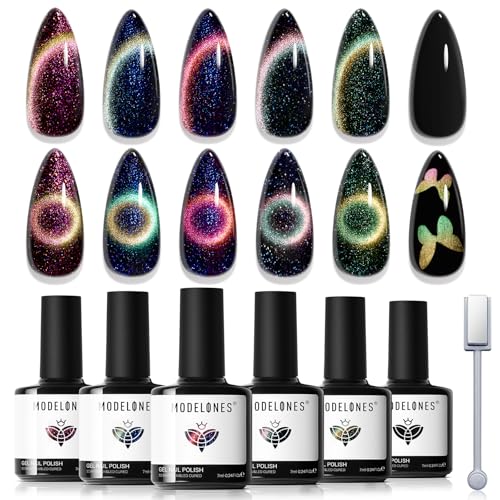 Image of modelones Cat Eye Gel Nail Polish Set, 6 Colors 6 9D Cateye Glitter Magnetic Nail Polish Black Red Green Yellow Colorful Gel Polish with Magnet Soak Off LED DIY Gift