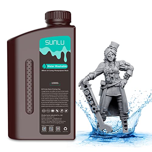 SUNLU Résine Lavable à l'Eau Résine pour Imprimante 3D,1kg UV 405nm 3D l'impression Résine Photopolymère Standard pour LCD DLP SLA Imprimante 3D, Haute Précision, Faible Odeur, Gris foncé 1000g Cover