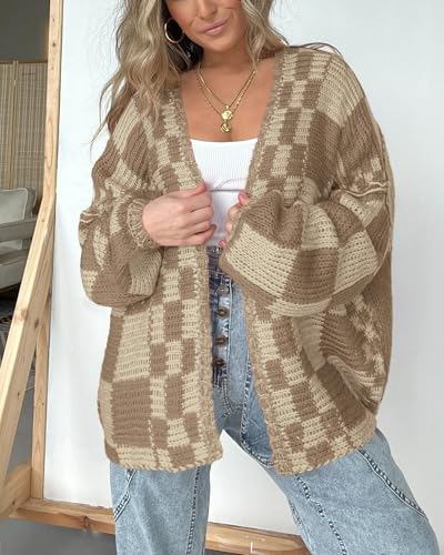 BTFBM Casual Cardigan Sweater for Women Fall 2026 Long Sleeve Open Front Chunky Knit Sweaters Checkered Outwear Coat(Khaki,XX-Large) — view 2