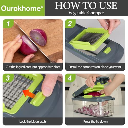 Ourokhome Vegetable Chopper Cutter with Container, Manual Hand Food Veggie Dicer with 2 Chopping Blades for Potato Strips, Onion Cubers, Carrot Sticks, Essential Kitchen Gadgets (2 in 1, Gray) by Ourokhome - Image 6