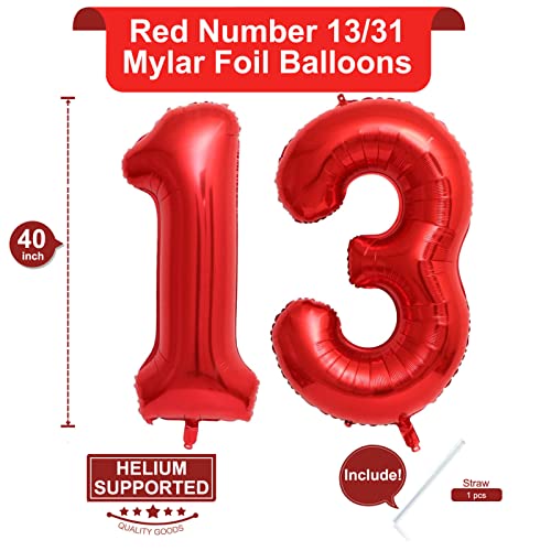 Image of 40 Inch Red 13 Number Balloons Giant 13 or 31 Balloons Red Birthday 13 Balloons 13th Birthday Anniversary Events Party Decorations Supplies