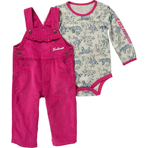 Image of Carhartt girls Knit & Woven Long Sleeve Henleyneck Overall Set (US, Age, 3 Months, Festival Fuchsia - Infant)