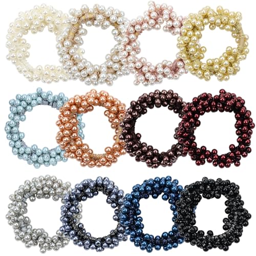 Dizila 12 Pack Stretchy Bling Glitter Sparkly Pearl Hair Ties Scrunchies Beaded Hair Elastics Decorative Thin Thick Hair Ponytail Holders Bracelet Hair Ropes Bands Beautiful Accessories for Women Girl