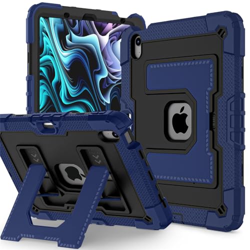 ジェネリックケース iPad Air 第4世代 10.9 2020用 (カラー:ネイビーブルー + ブラック) ハードバック ハードシリコン フリップ フルケース + ショルダーストラップ
