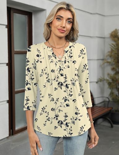 Rapbin 3/4 Length Sleeve Womens Tops Summer V Neck Lace Pleated Button Down Blouses Dressy Casual Elegant Tunic Shirts3