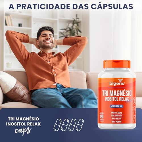 Tri Magnésio (dimalato, quelato e taurato) Inositol Relax CAPS, Vitamina B6, 120 Cápsulas, Bigens (U