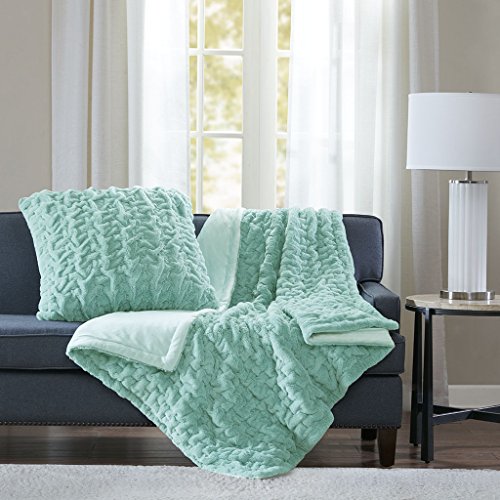 Madison Park Ruched Fur Euro Pillow Aqua 25X25 #TOP3