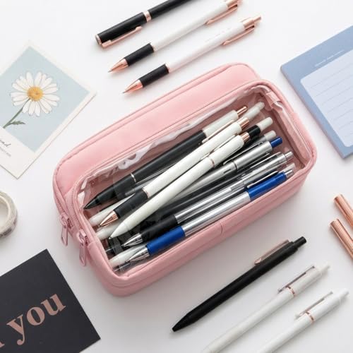 Image of ZIBUYU Large Capacity Pencil Case, 4 Compartments, Pen Pouch, Pink