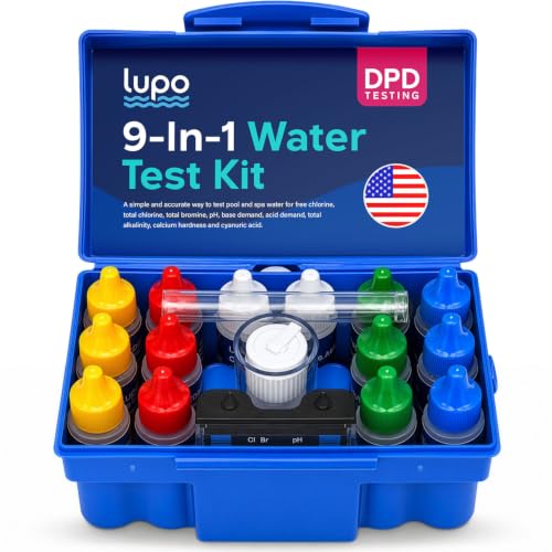 Lupo DPD 9-in-1 pool test kit blue case — shows the compact five-inch cube form factor