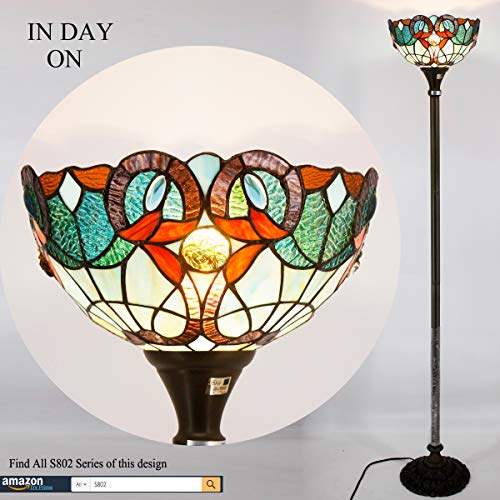 Werfactory Tiffany Floor Lamp Green Blue Floral Stained Glass Light 12X12X66 Inches Pole Torchiere Standing Corner Torch Uplight Decor Bedroom Living Room Home Office S802 Series #TOP3