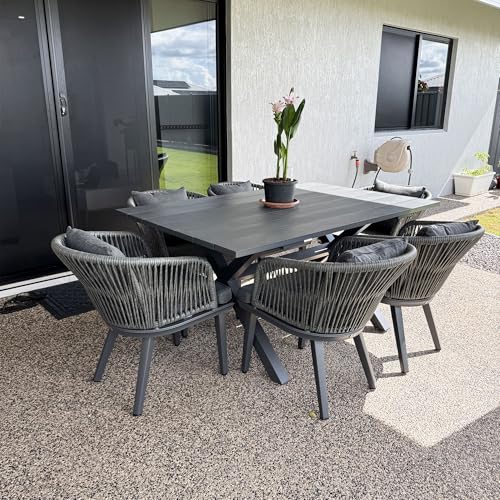 Image of PURPLE LEAF 7 Pieces Patio Dining Set Wicker Outdoor Furniture Rectangular Table and Chairs Set for Garden Deck Aluminum Frame Backyard Kitchen Set, Cushions and Pillows Included Grey