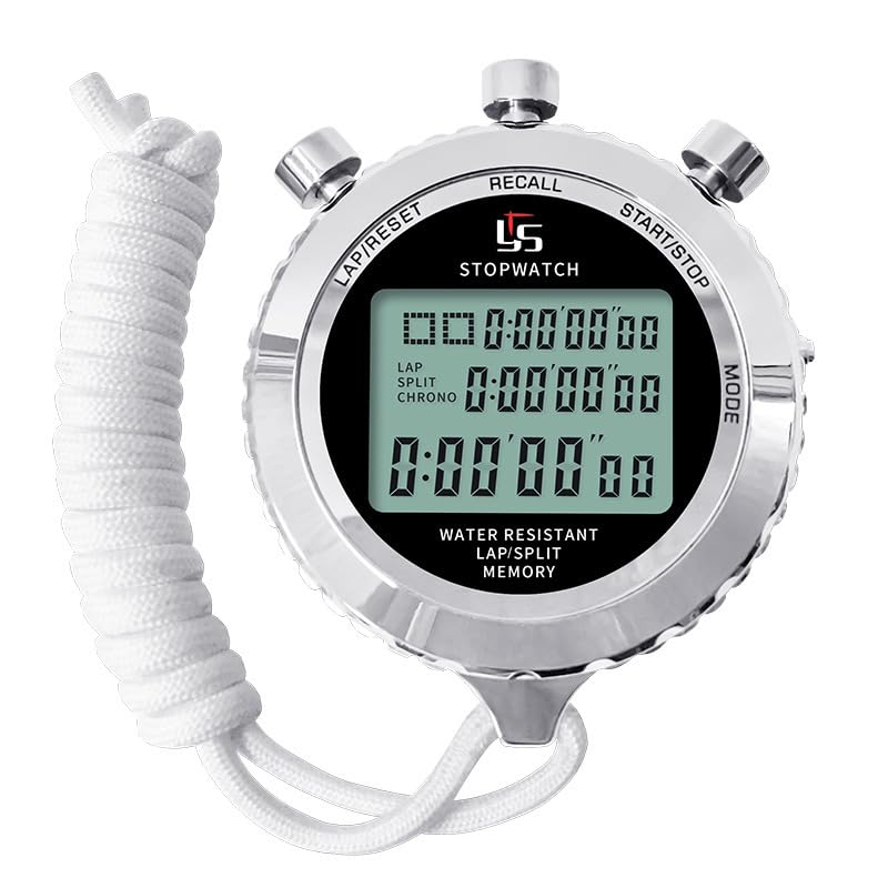 Digital Metal Stopwatch Timer, 60 Lap Split Memory, Countdown Timer, 12/24 Hour Clock, Alarm, Large Screen, for Sport Coach and Competition, Battery Included