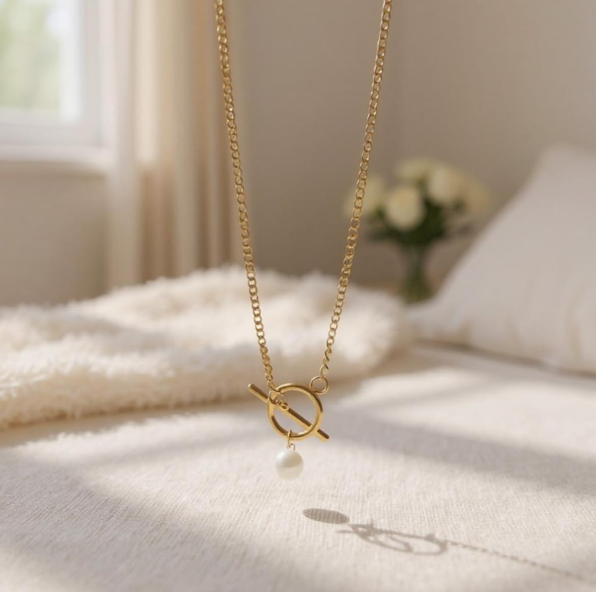 Baroque Freshwater Pearl Pendant Necklace 18K Karat Gold Plated Mothers Day Gift for Women - Real Pearl Necklace with Toggle Chain - 23 Inch Chain Gold Plated Jewelry, Nickel Free, Hypoallergenic - Image 8