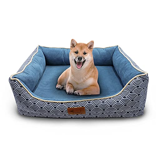 Gepolstertes Hundebett mit Faserfüllung - weiche und langlebige Qualität (groß (83 x 61 x 25 cm), Wellenblau) Cover