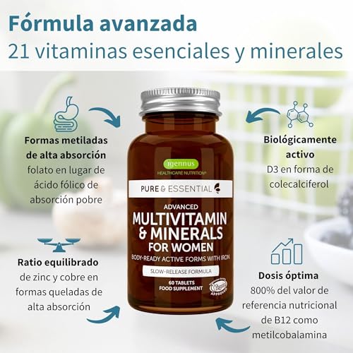 Igennus Multivitamínico Mujer, Hierro Suave, 21 Nutrientes Activos, Puro y Limpio, Aporte de Nutrientes Durante todo el día,Vitaminas B de Alta Potencia, Fácil de Tragar,60 compimidos Veganos,30 Dosis - imagen 4
