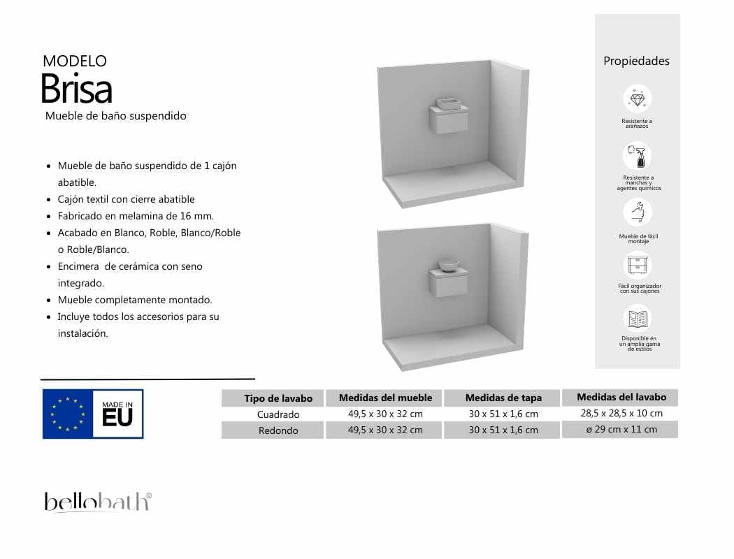 BELLOBATH - Mueble Baño Suspendido con Lavabo de Cerámica Redondo, Mueble Baño con Lavabo Montado con 1 Cajón, 49,5 x 32 x 30 cm, Mueble Blanco/Roble