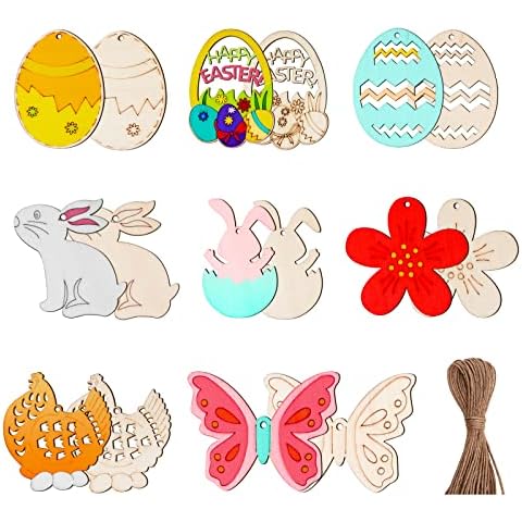 BOFUNX 40Pcs Easter Wooden Ornaments Unfinished Wood Easter Cutouts Eggs Bunny Easter Party Decorations Wooden Hanging Shapes with Cords (8 Styles) Cover