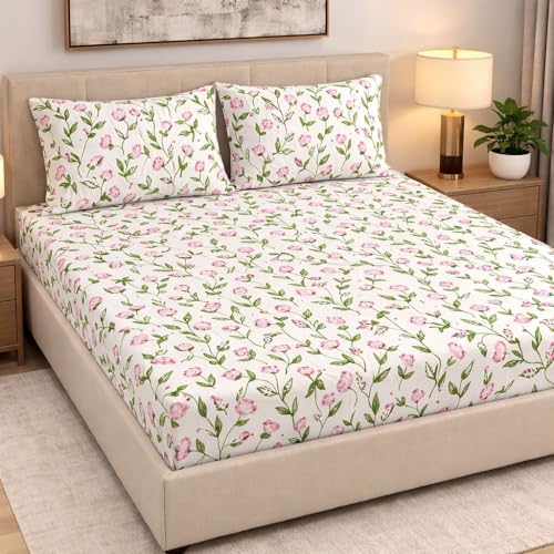 Image of Designer Floral Printed Flat Bedsheet for Double Bed 200tc to 220tc | Ultra Soft Cotton Fabric | King /Queen Size Top Sheet with 2 Matching Pillow Covers - 228 x 228 Cm, Pink Green